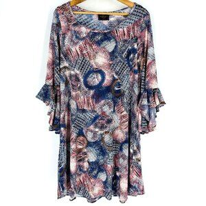 Amana Multicolored Abstract Print Boat Neck Ruffle Sleeve Tunic Blouse Size L